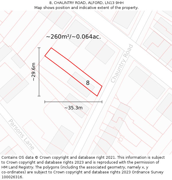 8, CHAUNTRY ROAD, ALFORD, LN13 9HH: Plot and title map