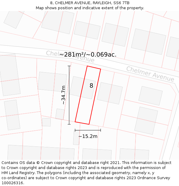 8, CHELMER AVENUE, RAYLEIGH, SS6 7TB: Plot and title map