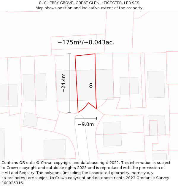 8, CHERRY GROVE, GREAT GLEN, LEICESTER, LE8 9ES: Plot and title map