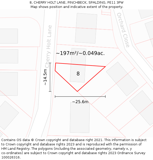 8, CHERRY HOLT LANE, PINCHBECK, SPALDING, PE11 3PW: Plot and title map