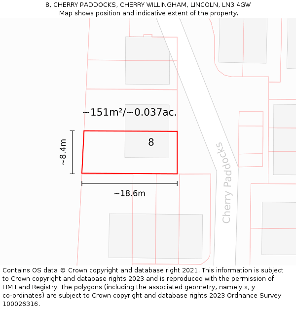 8, CHERRY PADDOCKS, CHERRY WILLINGHAM, LINCOLN, LN3 4GW: Plot and title map
