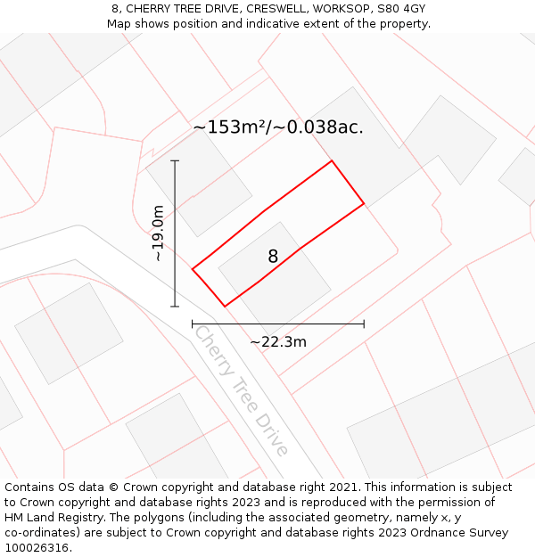 8, CHERRY TREE DRIVE, CRESWELL, WORKSOP, S80 4GY: Plot and title map