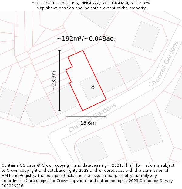 8, CHERWELL GARDENS, BINGHAM, NOTTINGHAM, NG13 8YW: Plot and title map