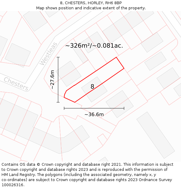 8, CHESTERS, HORLEY, RH6 8BP: Plot and title map