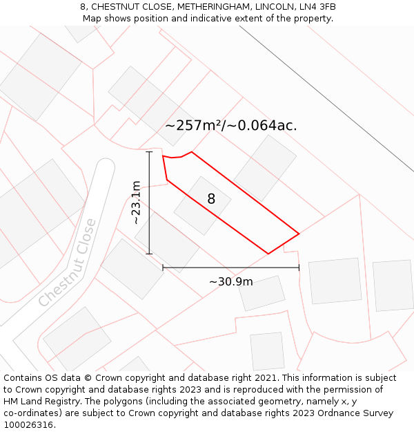 8, CHESTNUT CLOSE, METHERINGHAM, LINCOLN, LN4 3FB: Plot and title map