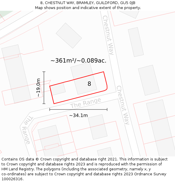 8, CHESTNUT WAY, BRAMLEY, GUILDFORD, GU5 0JB: Plot and title map