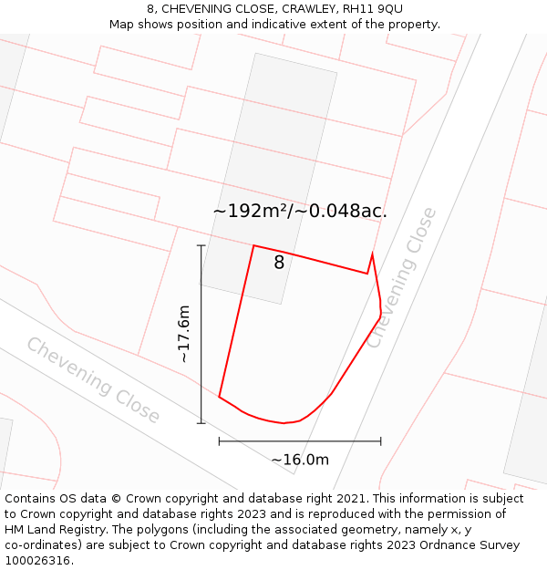 8, CHEVENING CLOSE, CRAWLEY, RH11 9QU: Plot and title map