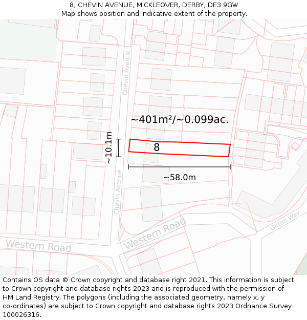 8, CHEVIN AVENUE, MICKLEOVER, DERBY, DE3 9GW: Plot and title map