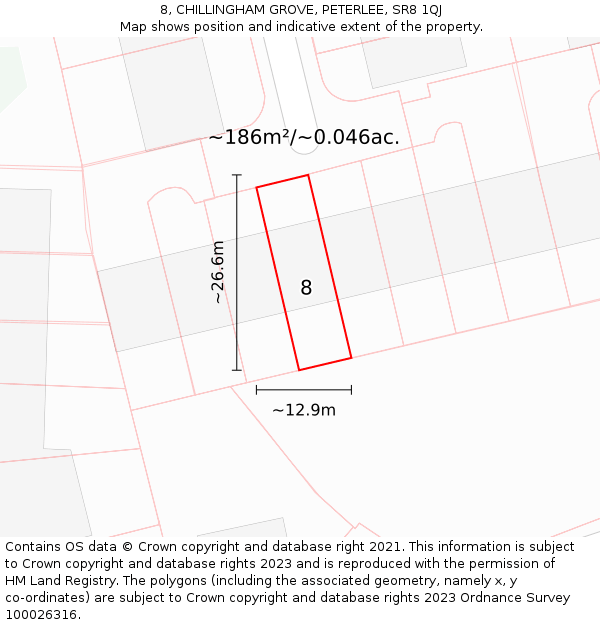 8, CHILLINGHAM GROVE, PETERLEE, SR8 1QJ: Plot and title map