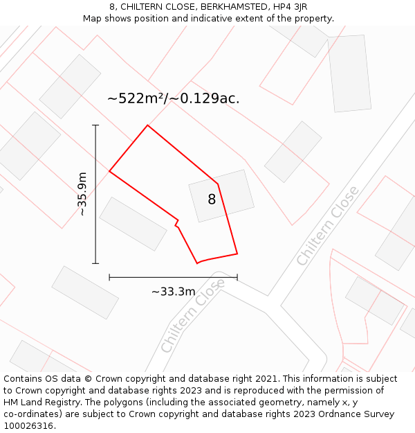 8, CHILTERN CLOSE, BERKHAMSTED, HP4 3JR: Plot and title map