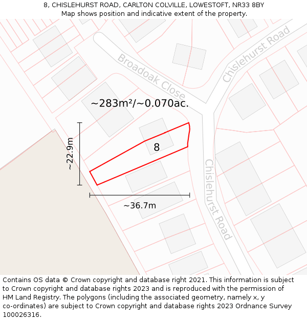 8, CHISLEHURST ROAD, CARLTON COLVILLE, LOWESTOFT, NR33 8BY: Plot and title map