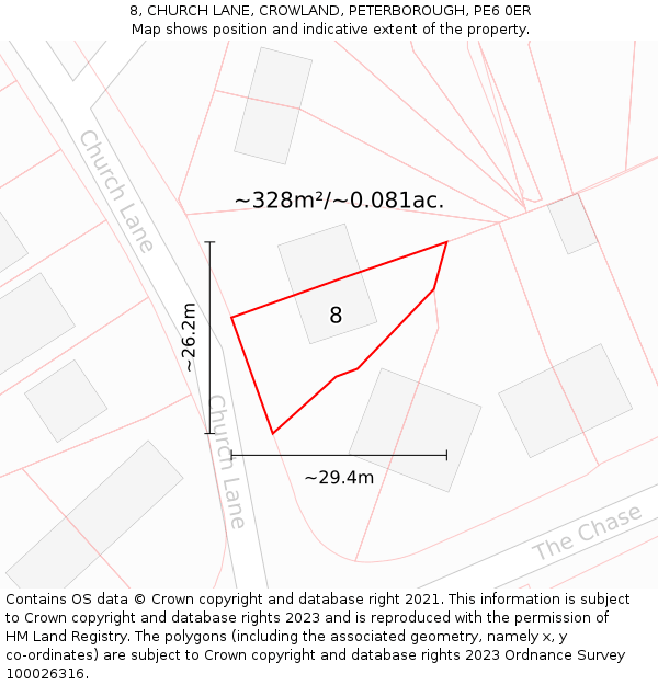 8, CHURCH LANE, CROWLAND, PETERBOROUGH, PE6 0ER: Plot and title map