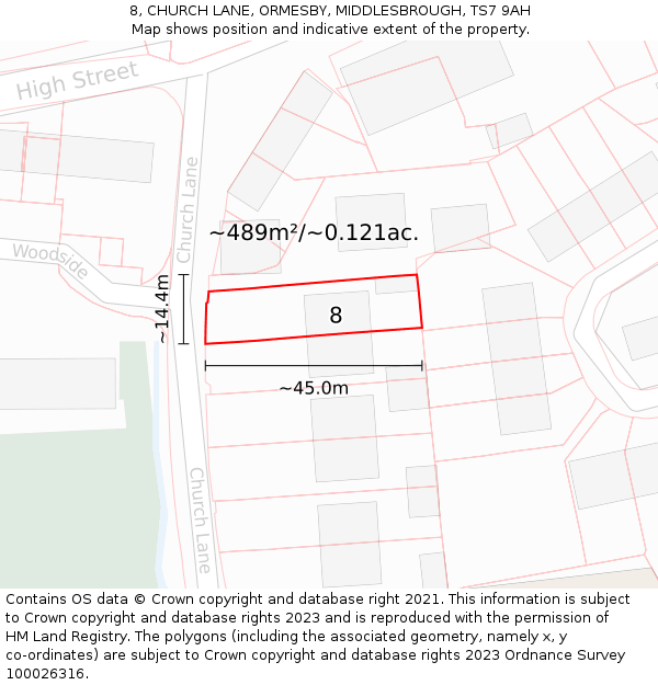 8, CHURCH LANE, ORMESBY, MIDDLESBROUGH, TS7 9AH: Plot and title map