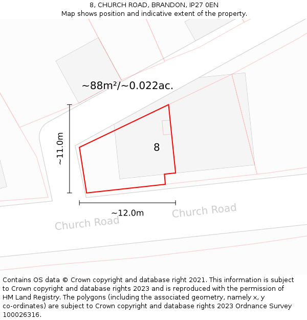 8, CHURCH ROAD, BRANDON, IP27 0EN: Plot and title map