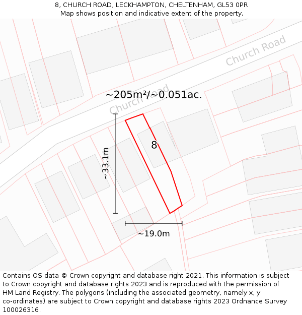 8, CHURCH ROAD, LECKHAMPTON, CHELTENHAM, GL53 0PR: Plot and title map