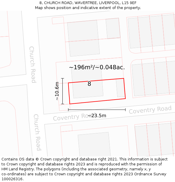 8, CHURCH ROAD, WAVERTREE, LIVERPOOL, L15 9EF: Plot and title map