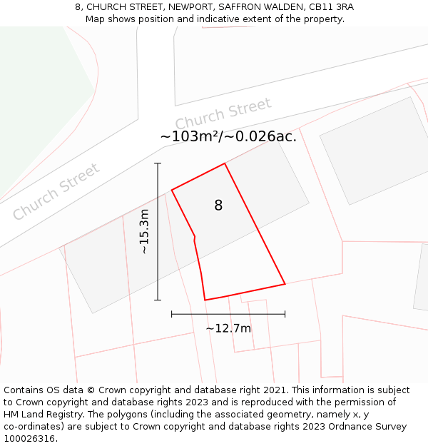8, CHURCH STREET, NEWPORT, SAFFRON WALDEN, CB11 3RA: Plot and title map