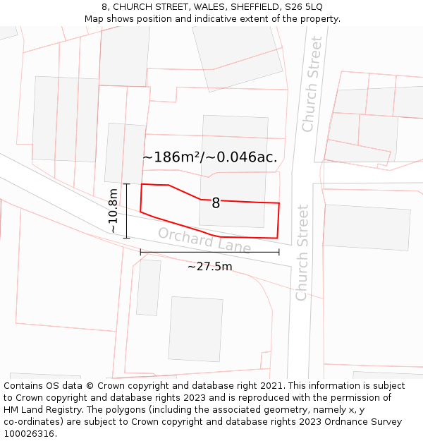8, CHURCH STREET, WALES, SHEFFIELD, S26 5LQ: Plot and title map