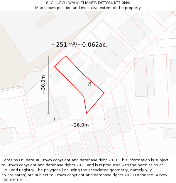 8, CHURCH WALK, THAMES DITTON, KT7 0NW: Plot and title map