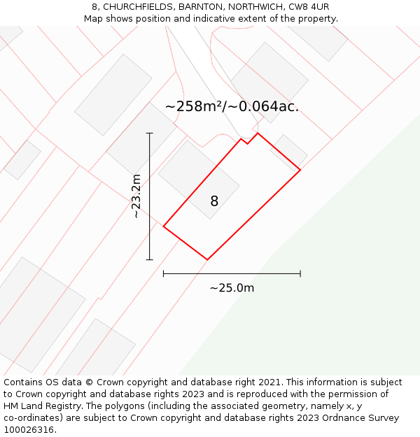 8, CHURCHFIELDS, BARNTON, NORTHWICH, CW8 4UR: Plot and title map