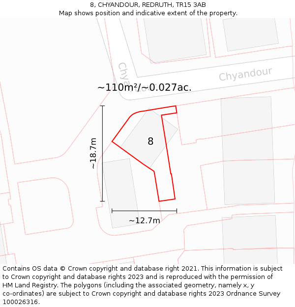 8, CHYANDOUR, REDRUTH, TR15 3AB: Plot and title map