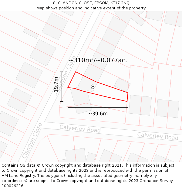 8, CLANDON CLOSE, EPSOM, KT17 2NQ: Plot and title map