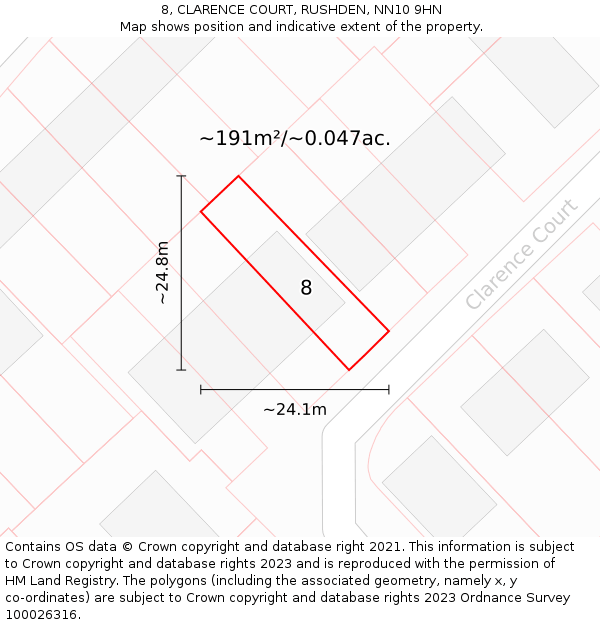 8, CLARENCE COURT, RUSHDEN, NN10 9HN: Plot and title map