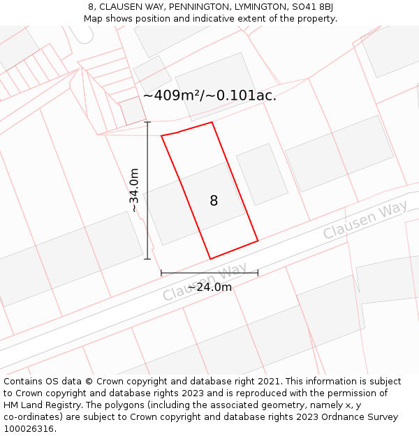 8, CLAUSEN WAY, PENNINGTON, LYMINGTON, SO41 8BJ: Plot and title map