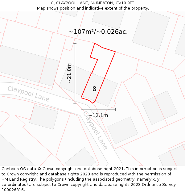 8, CLAYPOOL LANE, NUNEATON, CV10 9FT: Plot and title map