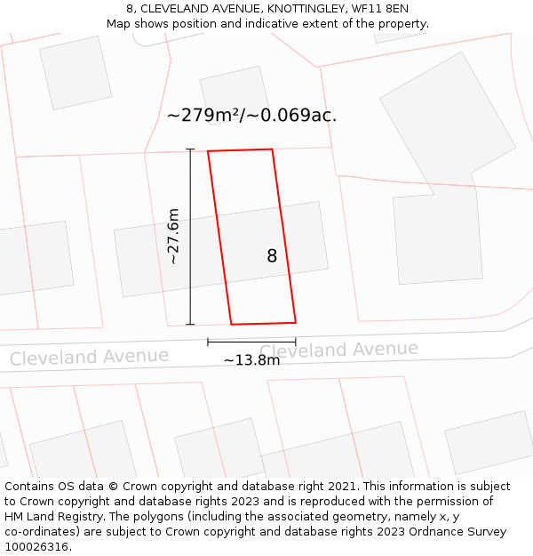 8, CLEVELAND AVENUE, KNOTTINGLEY, WF11 8EN: Plot and title map