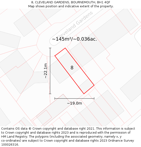 8, CLEVELAND GARDENS, BOURNEMOUTH, BH1 4QF: Plot and title map