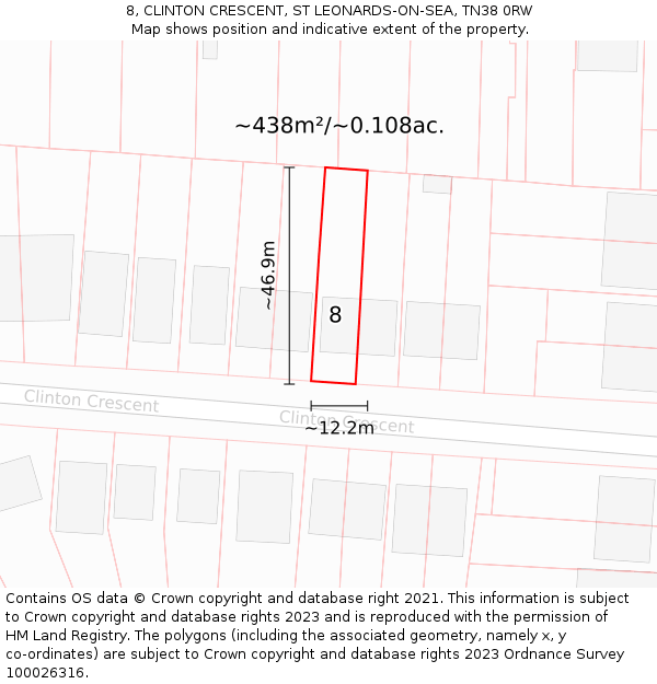 8, CLINTON CRESCENT, ST LEONARDS-ON-SEA, TN38 0RW: Plot and title map