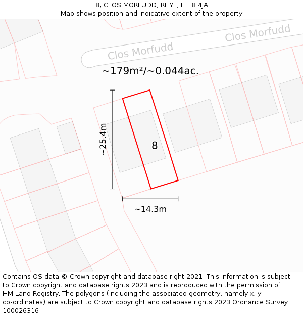 8, CLOS MORFUDD, RHYL, LL18 4JA: Plot and title map