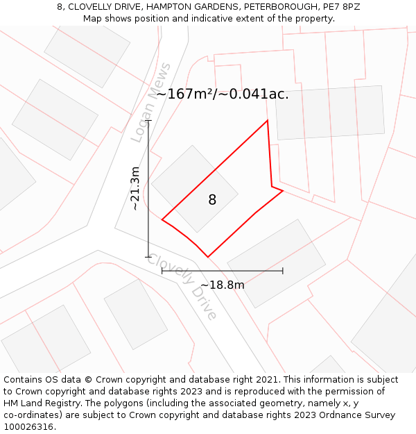 8, CLOVELLY DRIVE, HAMPTON GARDENS, PETERBOROUGH, PE7 8PZ: Plot and title map