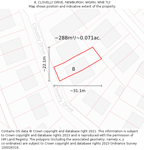 8, CLOVELLY DRIVE, NEWBURGH, WIGAN, WN8 7LY: Plot and title map