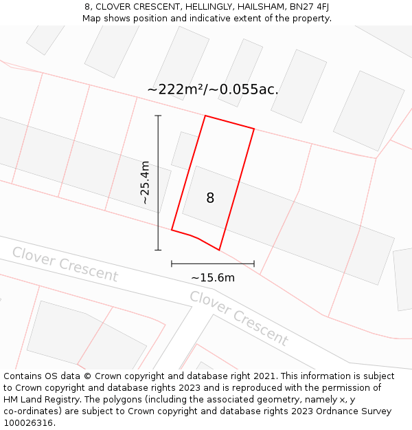 8, CLOVER CRESCENT, HELLINGLY, HAILSHAM, BN27 4FJ: Plot and title map
