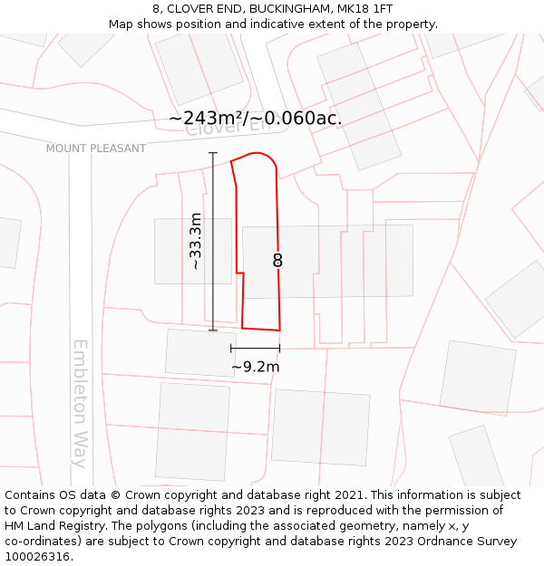 8, CLOVER END, BUCKINGHAM, MK18 1FT: Plot and title map
