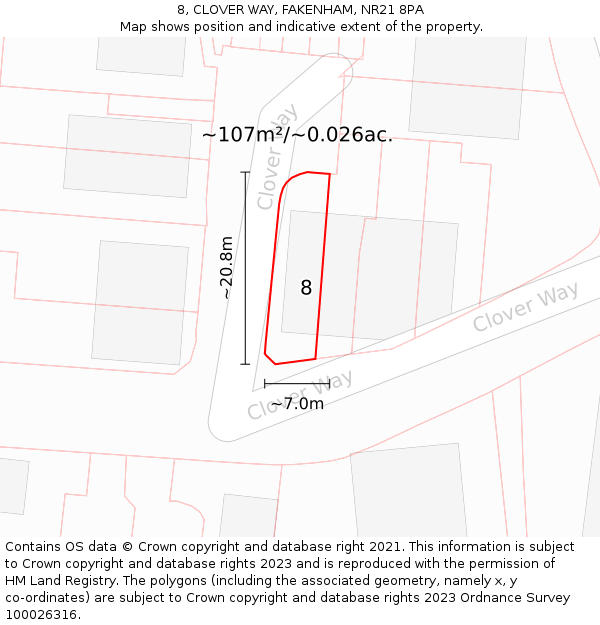 8, CLOVER WAY, FAKENHAM, NR21 8PA: Plot and title map