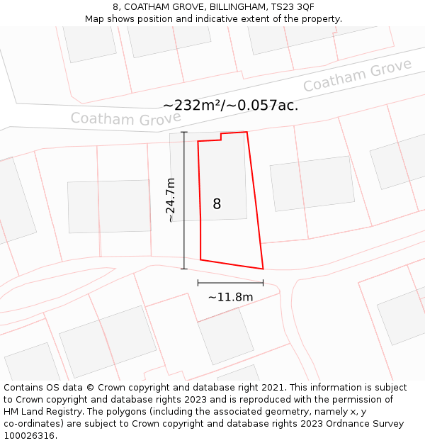 8, COATHAM GROVE, BILLINGHAM, TS23 3QF: Plot and title map