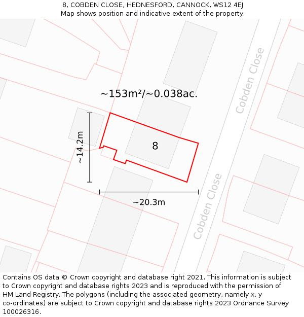 8, COBDEN CLOSE, HEDNESFORD, CANNOCK, WS12 4EJ: Plot and title map
