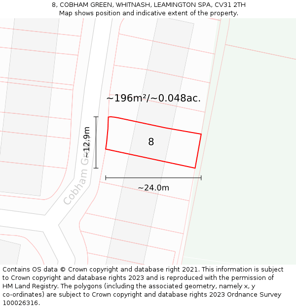 8, COBHAM GREEN, WHITNASH, LEAMINGTON SPA, CV31 2TH: Plot and title map