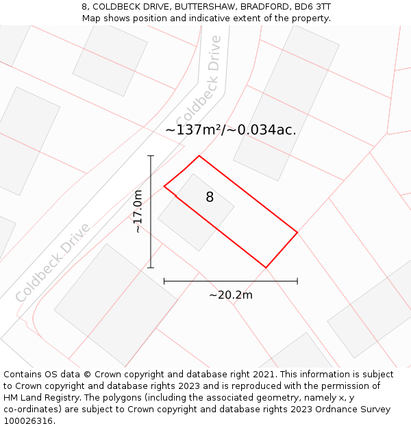 8, COLDBECK DRIVE, BUTTERSHAW, BRADFORD, BD6 3TT: Plot and title map
