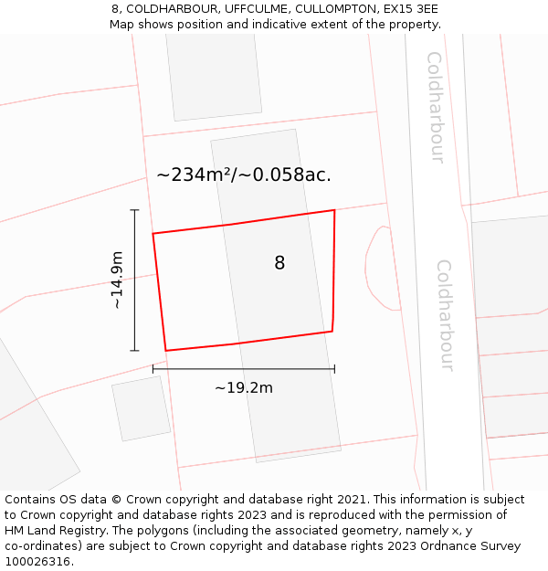 8, COLDHARBOUR, UFFCULME, CULLOMPTON, EX15 3EE: Plot and title map