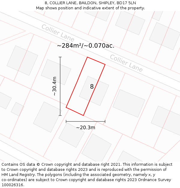8, COLLIER LANE, BAILDON, SHIPLEY, BD17 5LN: Plot and title map