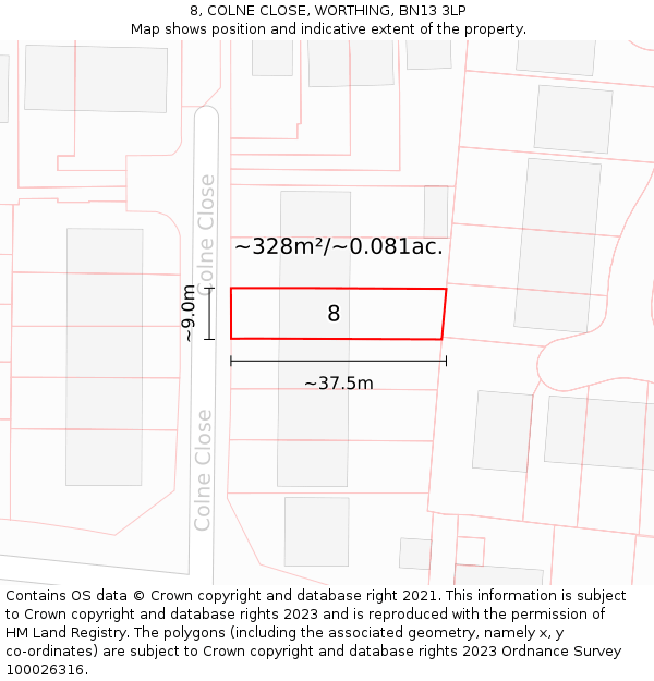 8, COLNE CLOSE, WORTHING, BN13 3LP: Plot and title map