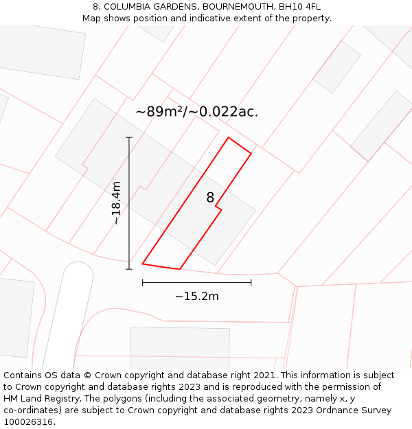 8, COLUMBIA GARDENS, BOURNEMOUTH, BH10 4FL: Plot and title map