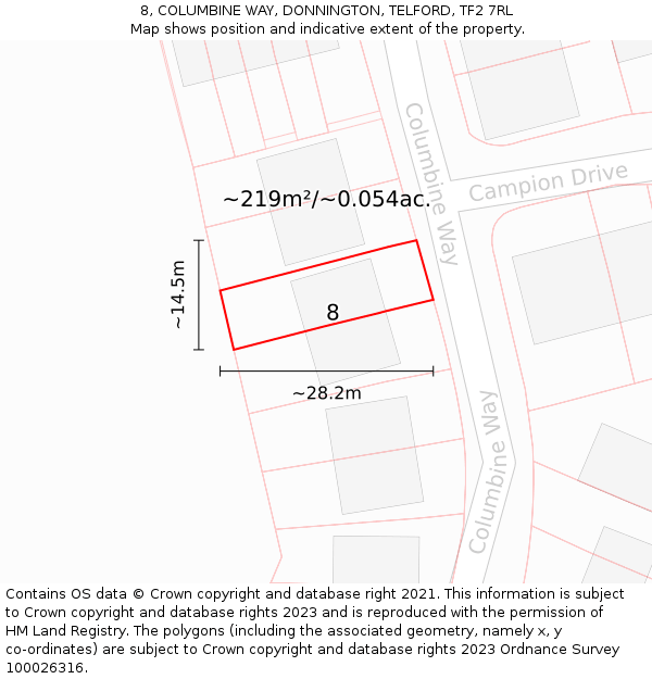 8, COLUMBINE WAY, DONNINGTON, TELFORD, TF2 7RL: Plot and title map