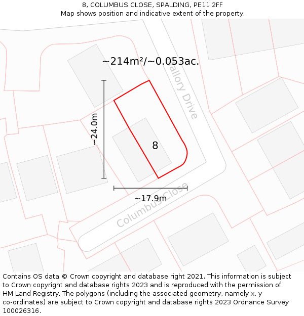 8, COLUMBUS CLOSE, SPALDING, PE11 2FF: Plot and title map