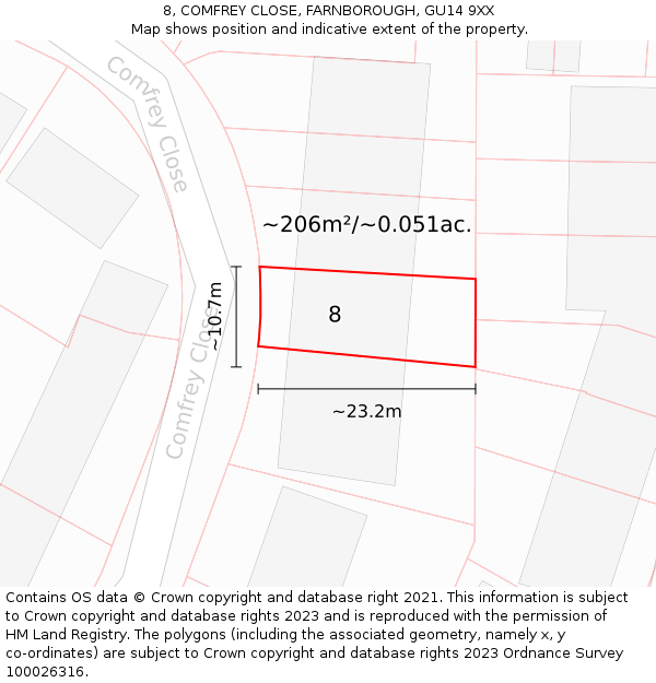 8, COMFREY CLOSE, FARNBOROUGH, GU14 9XX: Plot and title map
