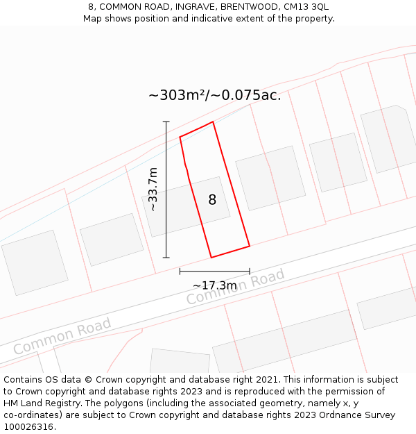 8, COMMON ROAD, INGRAVE, BRENTWOOD, CM13 3QL: Plot and title map